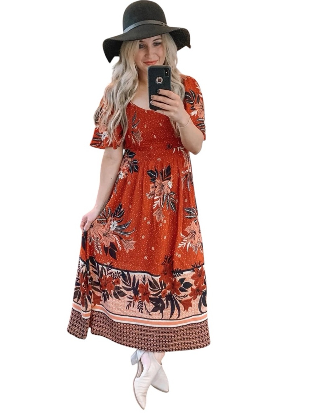 Böhme Women’s Rust Orange Floral Short Sleeves Boho Festival Midi Dress Small